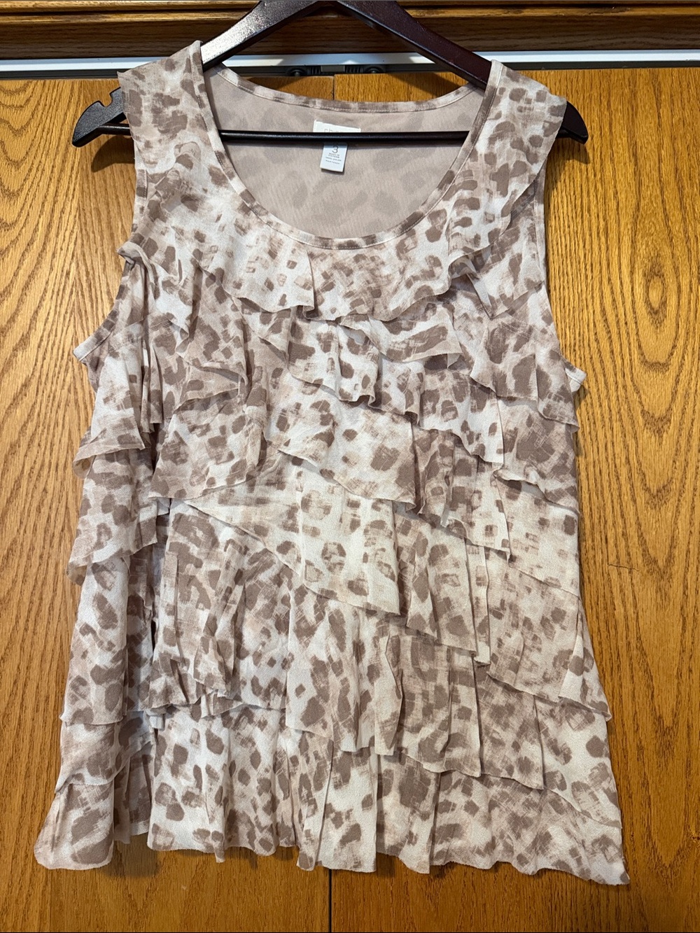 Women’s Chico Sleeveless Ruffle Animal-Print Tank Top - Beige- size 3